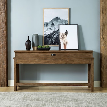 Brown Pine Console Bar Table with Weathered Toffee Finish