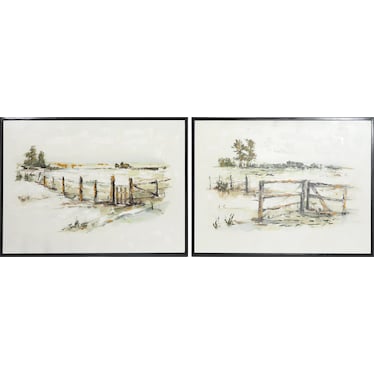 2 Piece Framed Hand Painted Mixed Media Brown/Green Fenced Landscapes Wall Art