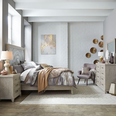 King Panel Bed, Dresser & Mirror, Night Stand